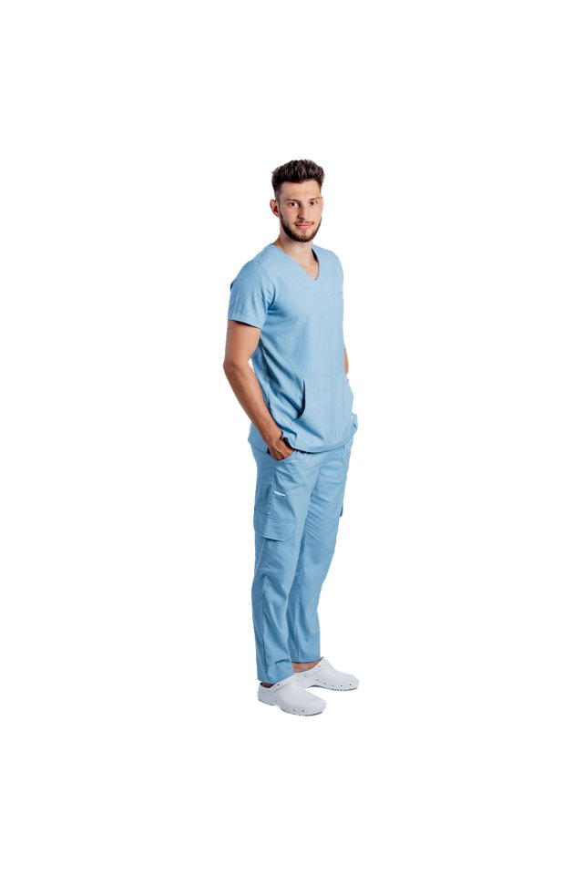 Costum medical stretch barbati bleu cu bluza in V si pantaloni cu snur si elastic