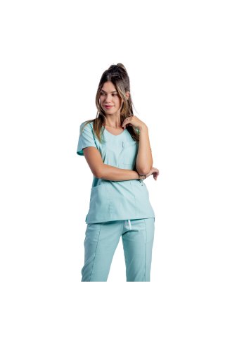 Costum medical stretch menta cu bluza in V si pantaloni cu snur si elastic