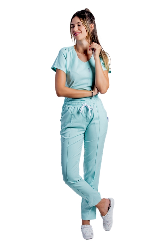 Costum medical stretch menta cu bluza in V si pantaloni cu snur si elastic