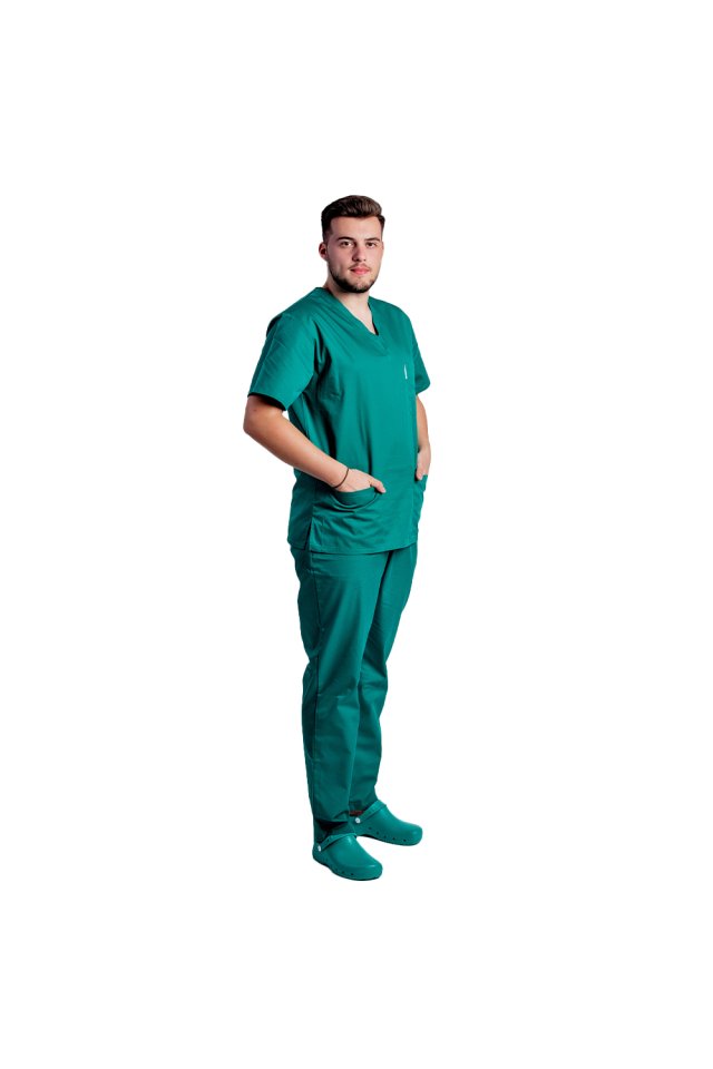 Halat medical verde chirurgical unisex cu anchior in forma V cu trei buzunare