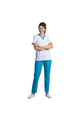 Costum medical format din bluza alb cu paspol turcoaz si pantaloni turcoaz cu elastic