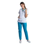 Costum medical format din bluza alb cu paspol turcoaz si pantaloni turcoaz cu elastic..