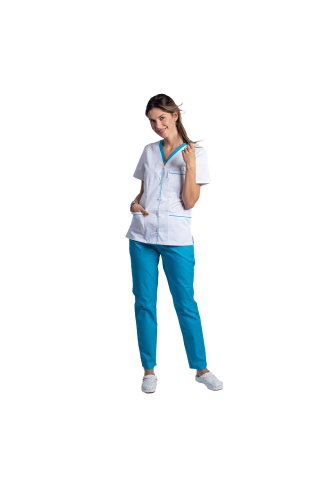 Costum medical format din bluza alb cu paspol turcoaz si pantaloni turcoaz cu elastic