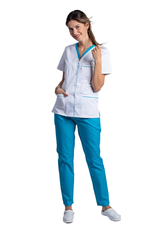 Costum medical format din bluza alb cu paspol turcoaz si pantaloni turcoaz cu elastic