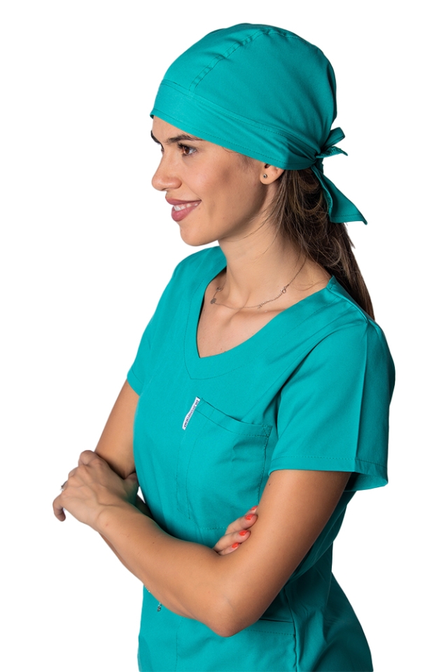 Pachet costum medical stretch verde cu saboti si halat polar verde, cadou Stetoscop Riester si boneta