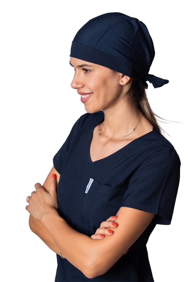 Pachet costum medical polo stretch bleumarin cu saboti si halat polar blomarin, cadou stetoscop riester si boneta