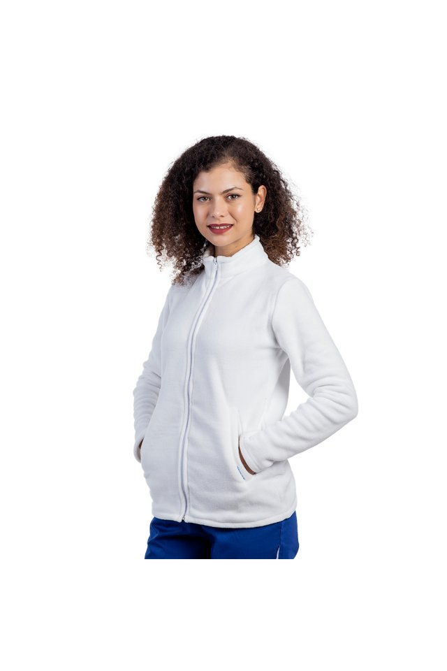 Jacheta medicala polar alba cu doua buzunare aplicate