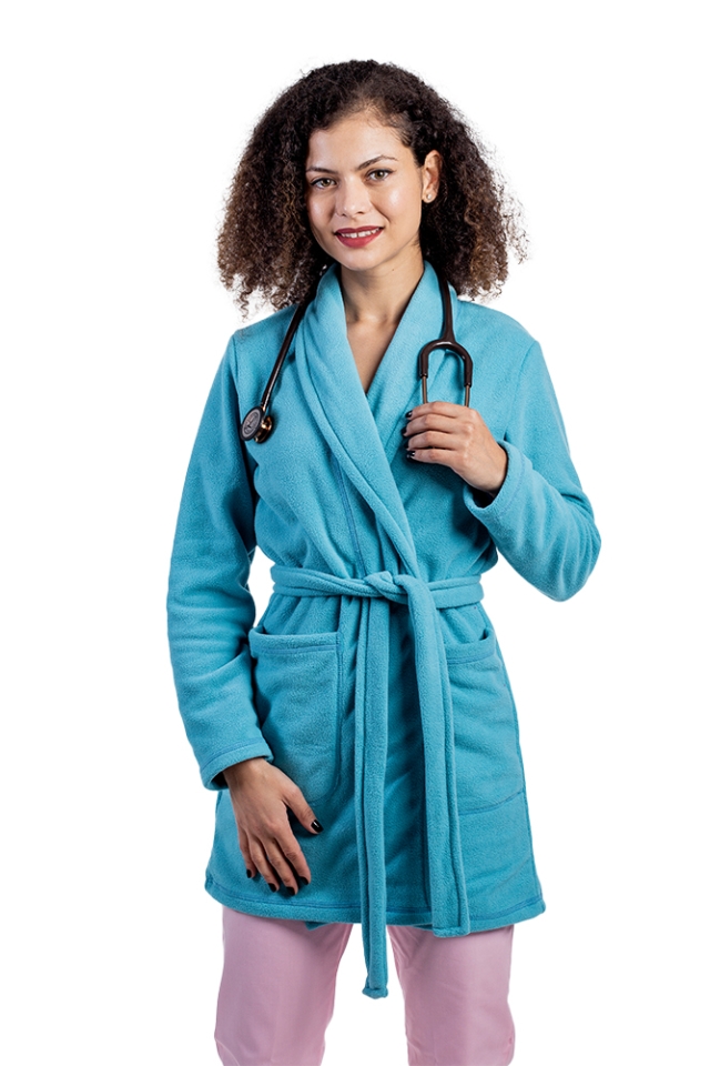 Pachet costum medical kimono turquaz cu saboti si stetoscop littmann, cadou halat polar turquaz si boneta