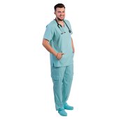 Costum medical stretch barbati  menta cu bluza in V si pantaloni cu snur si elastic..