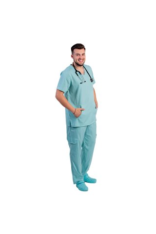 Costum medical stretch barbati  menta cu bluza in V si pantaloni cu snur si elastic
