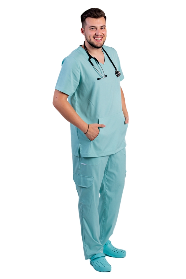 Costum medical stretch barbati  menta cu bluza in V si pantaloni cu snur si elastic