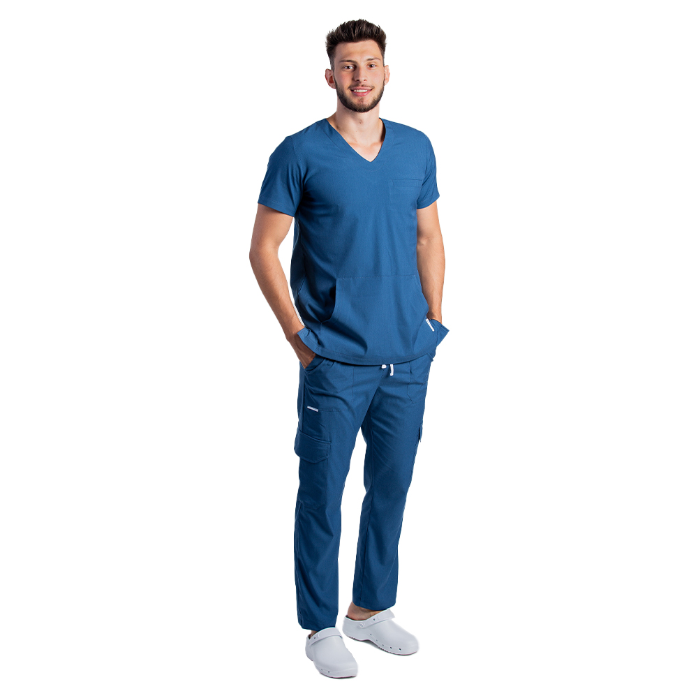 Costum medical stretch barbati jeans cu bluza in V si pantaloni cu snur si elastic