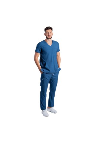 Costum medical stretch barbati jeans cu bluza in V si pantaloni cu snur si elastic