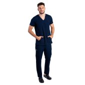 Costum medical stretch barbati bleumarin cu bluza in V si pantaloni cu snur si elastic..