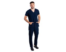 Costum medical stretch barbati bleumarin cu bluza in V si pantaloni cu snur si elastic