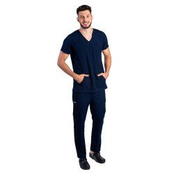 Costum medical stretch barbati bleumarin cu bluza in V si pantaloni cu snur si elastic
