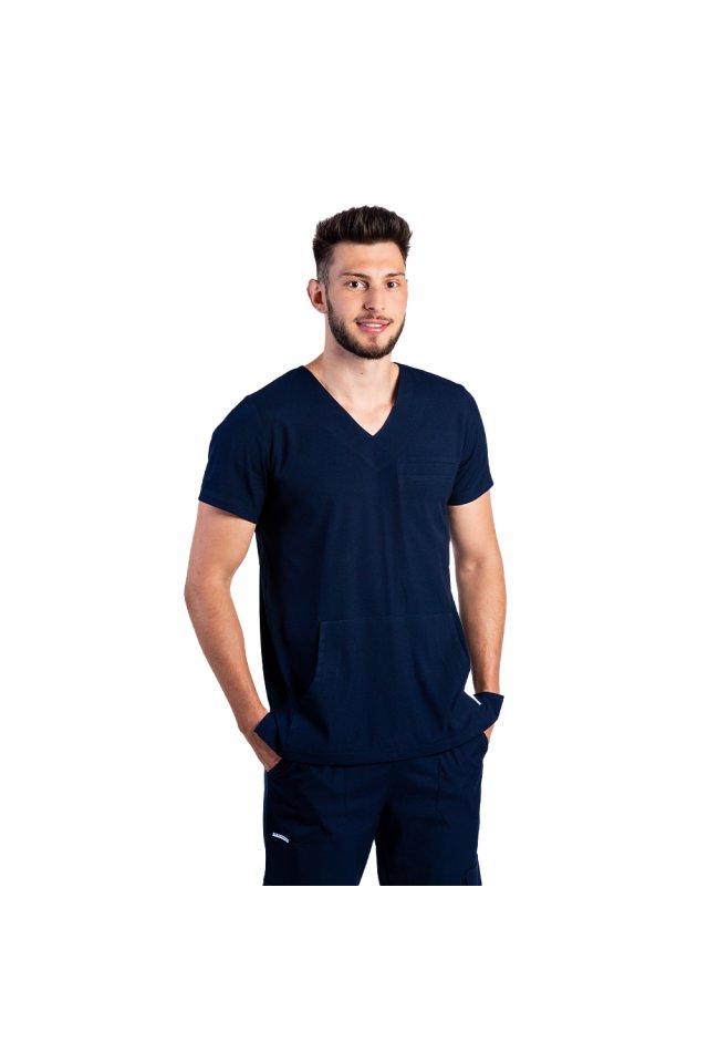 Costum medical stretch barbati bleumarin cu bluza in V si pantaloni cu snur si elastic