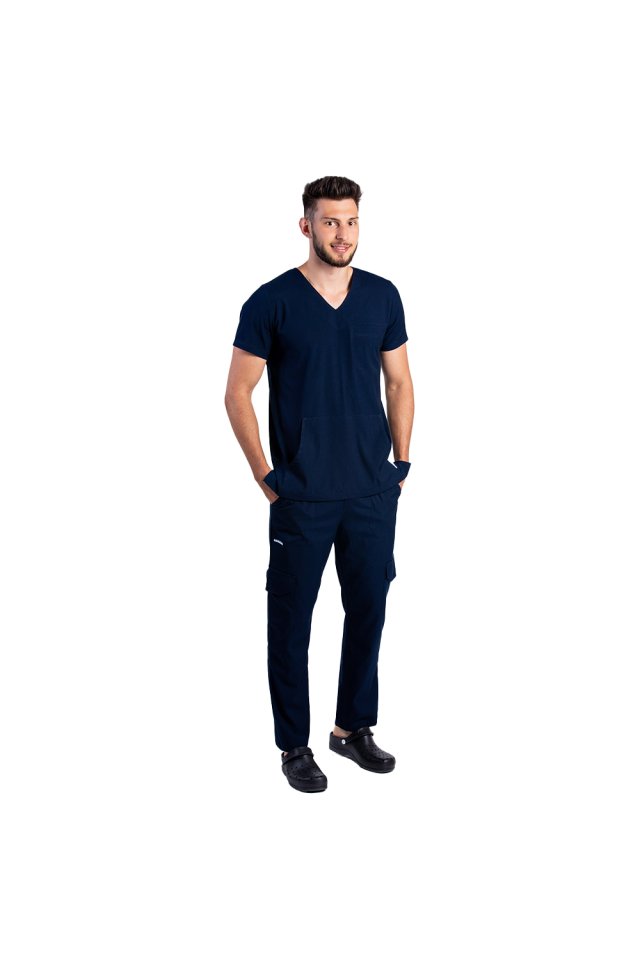 Costum medical stretch barbati bleumarin cu bluza in V si pantaloni cu snur si elastic