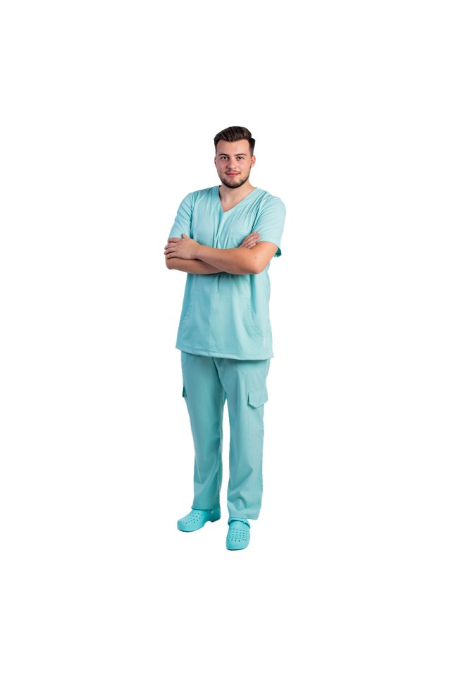 Costum medical stretch barbati  menta cu bluza in V si pantaloni cu snur si elastic