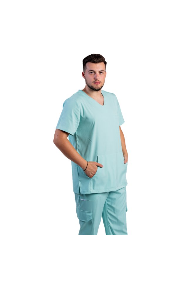 Costum medical stretch barbati  menta cu bluza in V si pantaloni cu snur si elastic