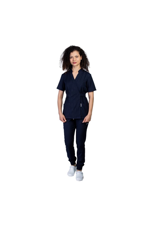 Costum medical elastic bleumarin, cu bluza kimono si pantaloni tip jogger