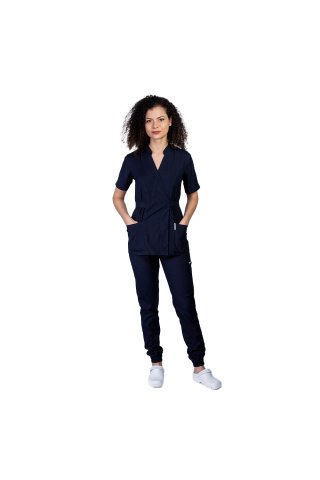 Costum medical stretch bleumarin, cu bluza kimono si pantaloni tip jogger
