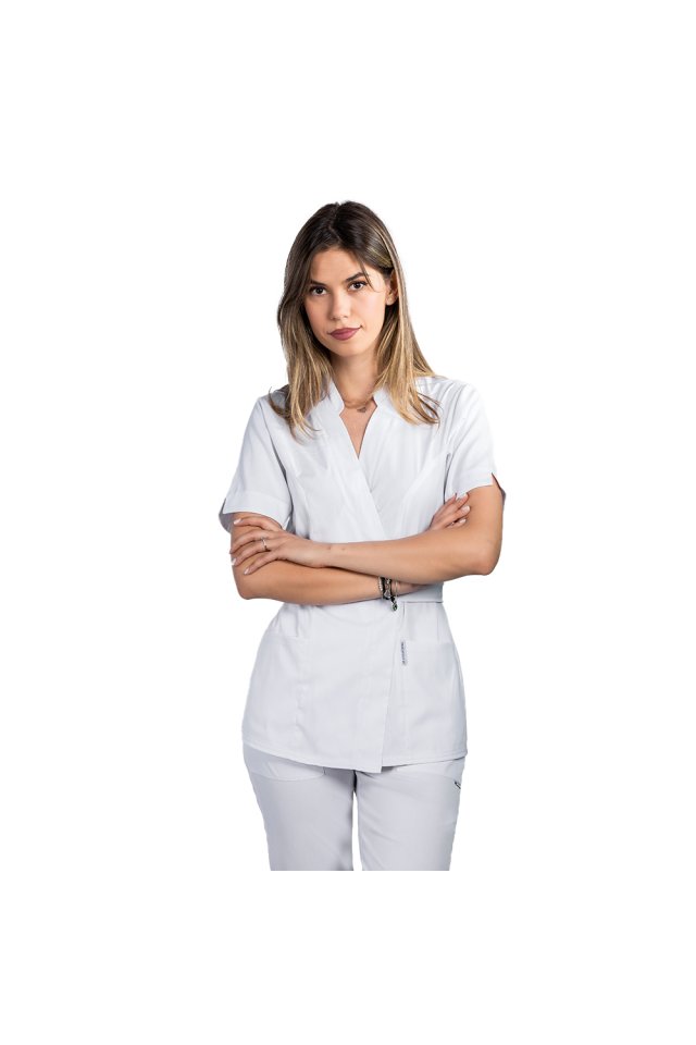 Halat medical kimono stretch alb cu doua buzunare aplicate si guler tip tunica