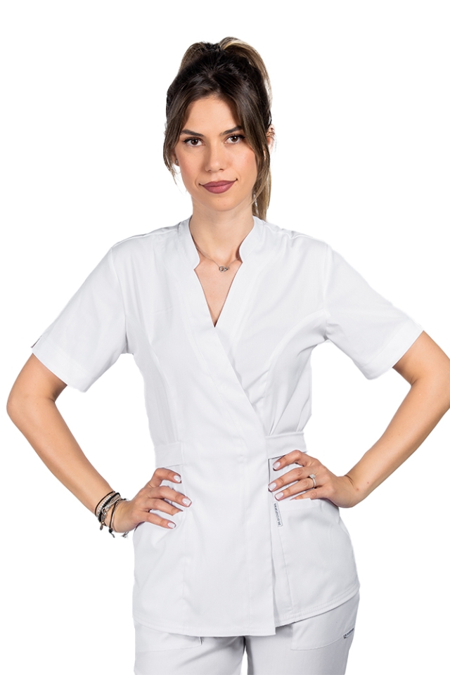 Halat medical kimono stretch alb cu doua buzunare aplicate si guler tip tunica