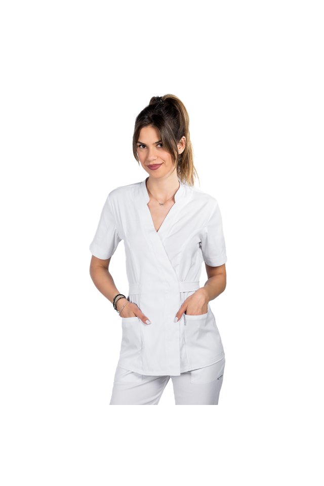 Halat medical kimono stretch alb cu doua buzunare aplicate si guler tip tunica