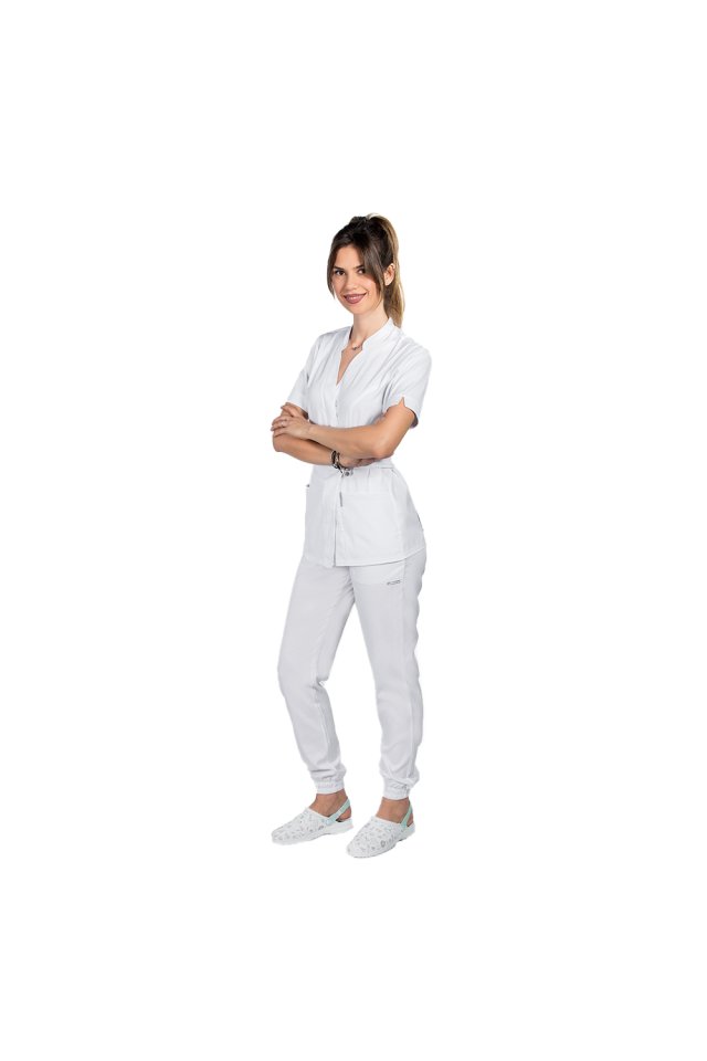 Costum medical elastic alb, cu bluza kimono si pantaloni tip jogger