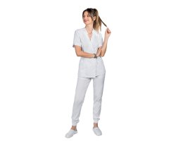 Costum medical stretch alb, cu bluza kimono si pantaloni tip jogger