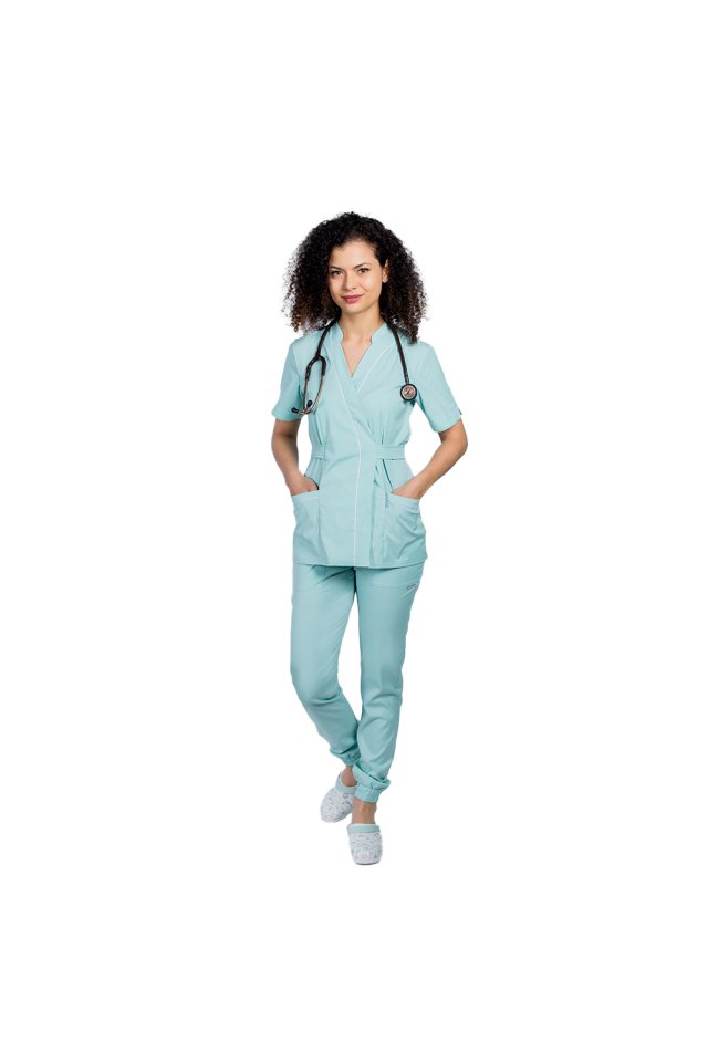 Costum medical elastic menta, cu bluza kimono cu paspol alb si pantaloni tip jogger