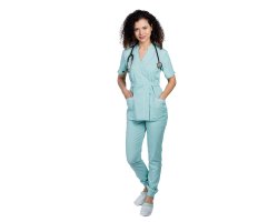 Costum medical stretch menta, cu bluza kimono cu paspol alb si pantaloni tip jogger