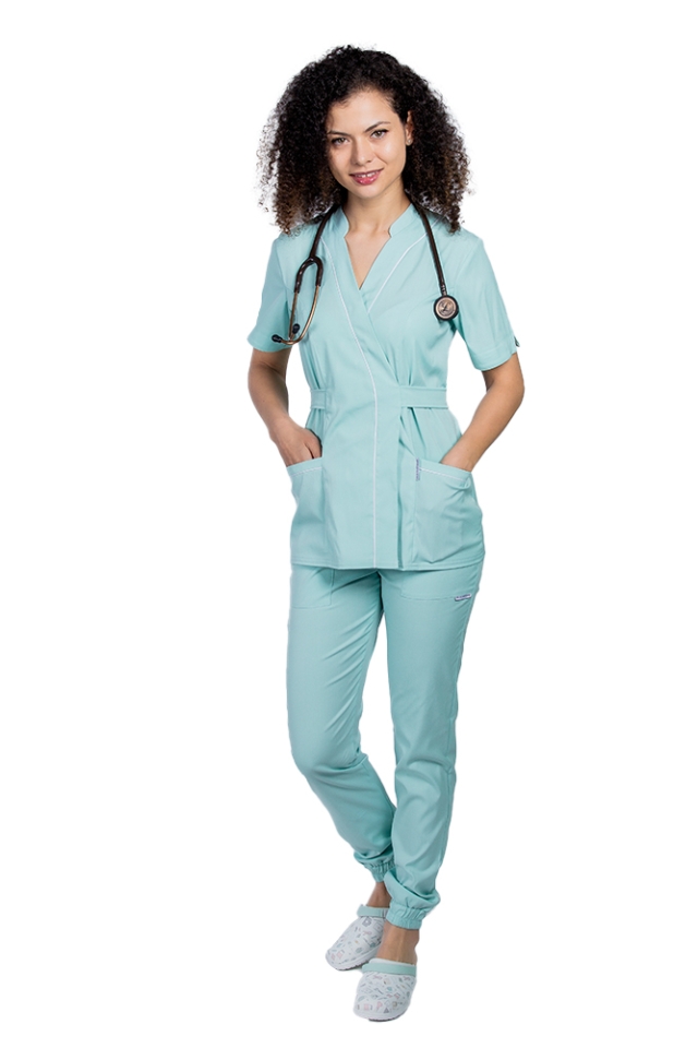 Costum medical elastic menta, cu bluza kimono cu paspol alb si pantaloni tip jogger