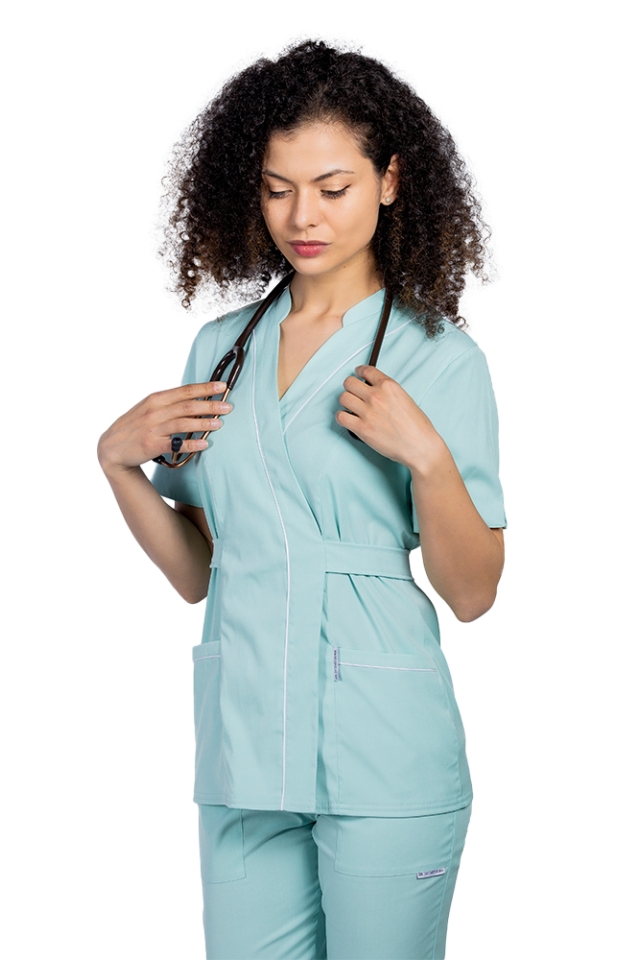 Halat medical kimono stretch menta cu doua buzunare aplicate si guler tip tunica