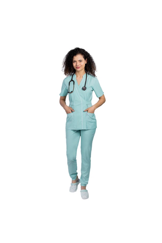 Halat medical kimono stretch menta cu doua buzunare aplicate si guler tip tunica