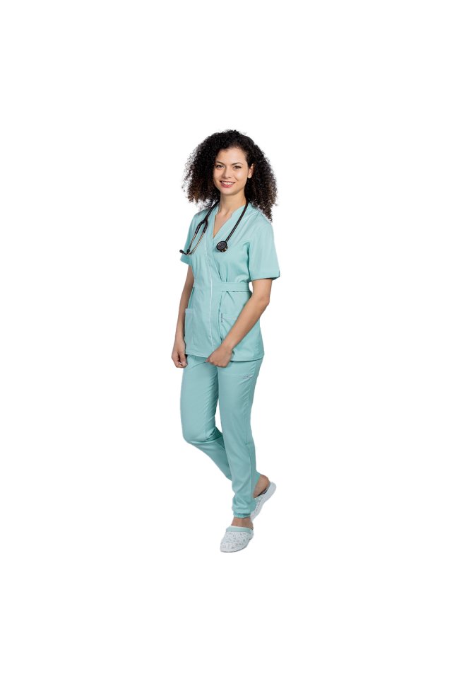 Costum medical elastic menta, cu bluza kimono cu paspol alb si pantaloni tip jogger