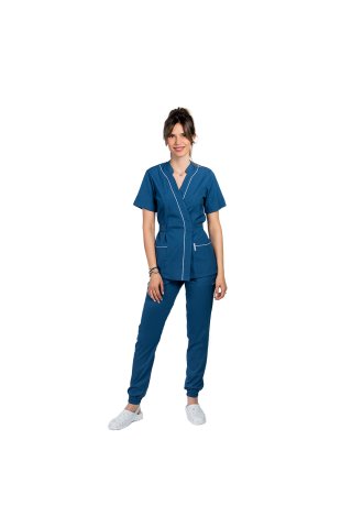 Costum medical stretch jeans, cu bluza kimono cu paspol alb si pantaloni tip jogger