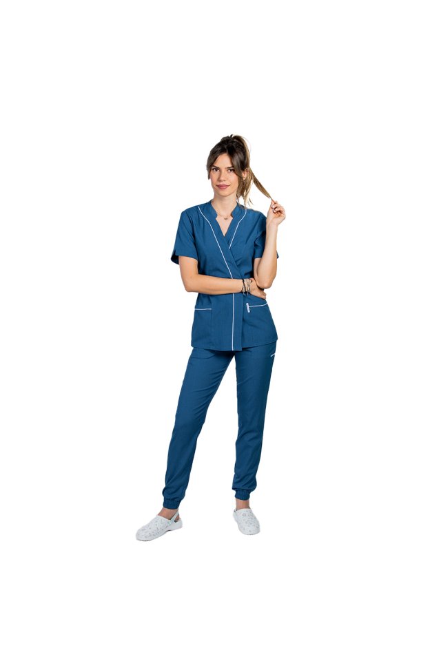 Costum medical elastic jeans, cu bluza kimono cu paspol alb si pantaloni tip jogger