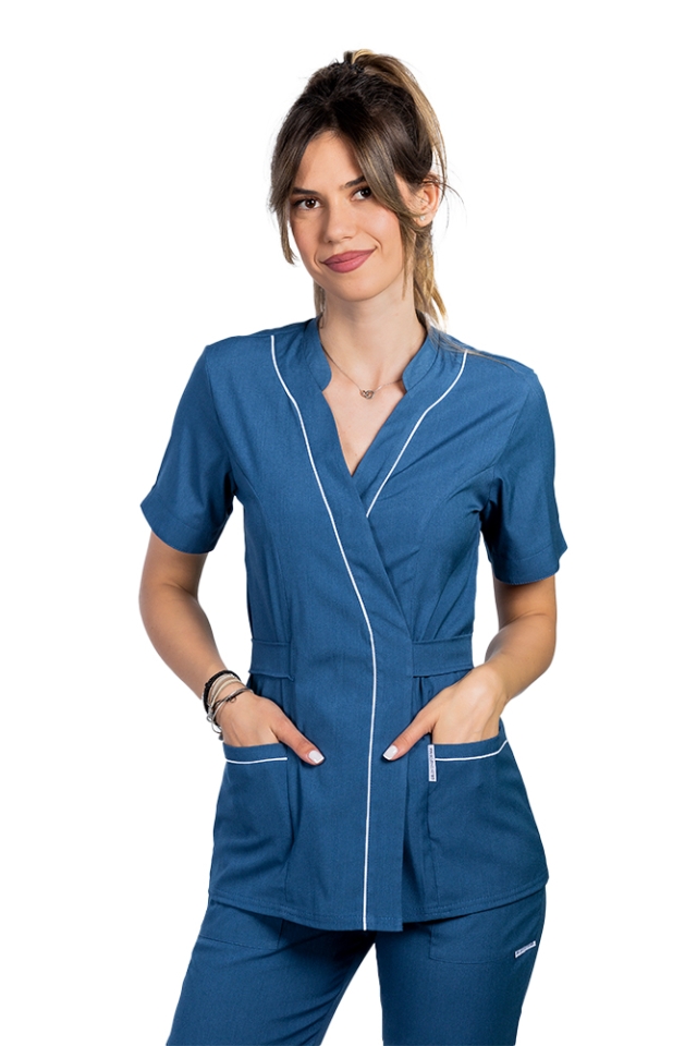 Halat medical kimono stretch jeans cu doua buzunare aplicate si guler tip tunica..