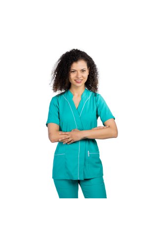 Costum medical stretch verde turcoaz, cu bluza kimono cu paspol alb si pantaloni tip jogger