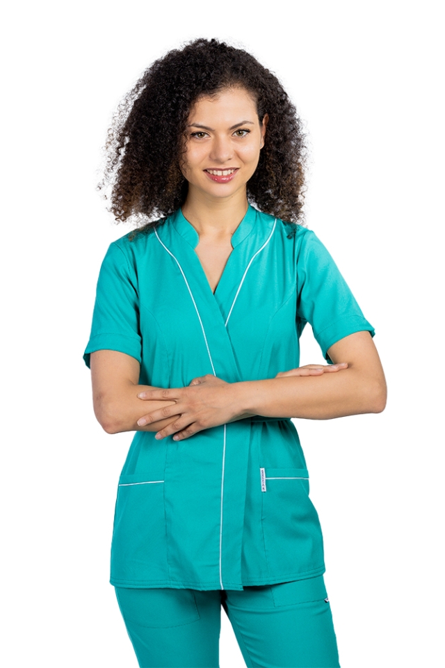 Halat medical kimono stretch verde turcoaz cu doua buzunare aplicate si guler tip tunica