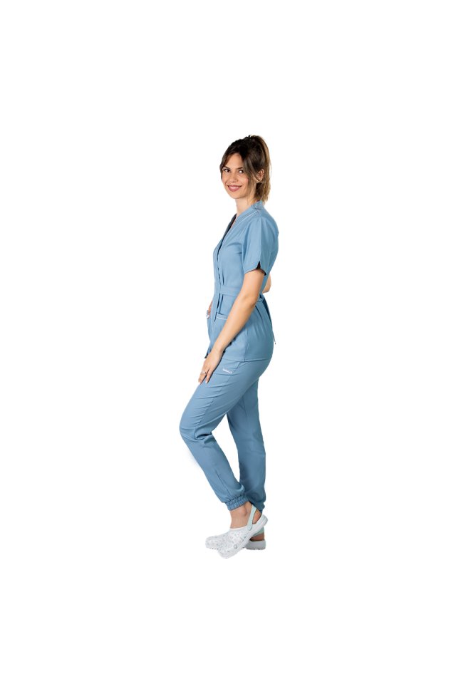 Costum medical elastic bleu, cu bluza kimono cu paspol alb si pantaloni tip jogger