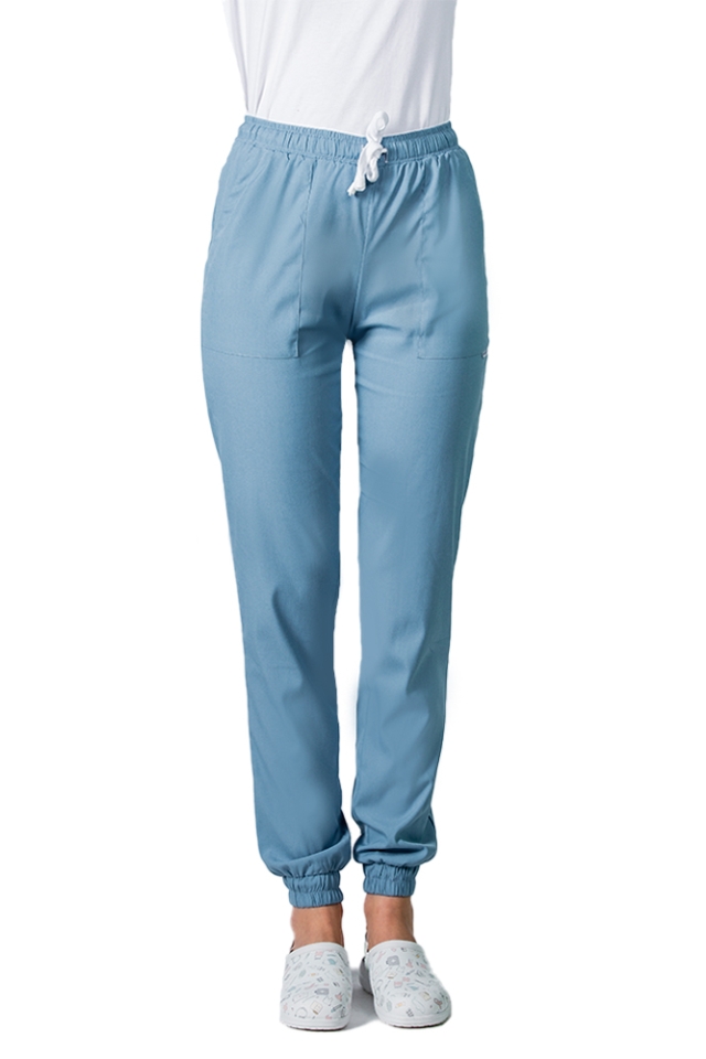 Pantaloni medicali stretch tip jogger bleu pudrat cu snur si elastic in talie si la glezna