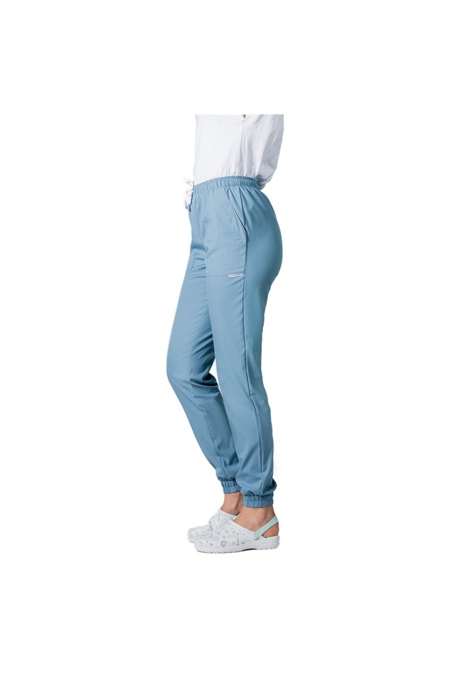 Pantaloni medicali stretch tip jogger bleu pudrat cu snur si elastic in talie si la glezna