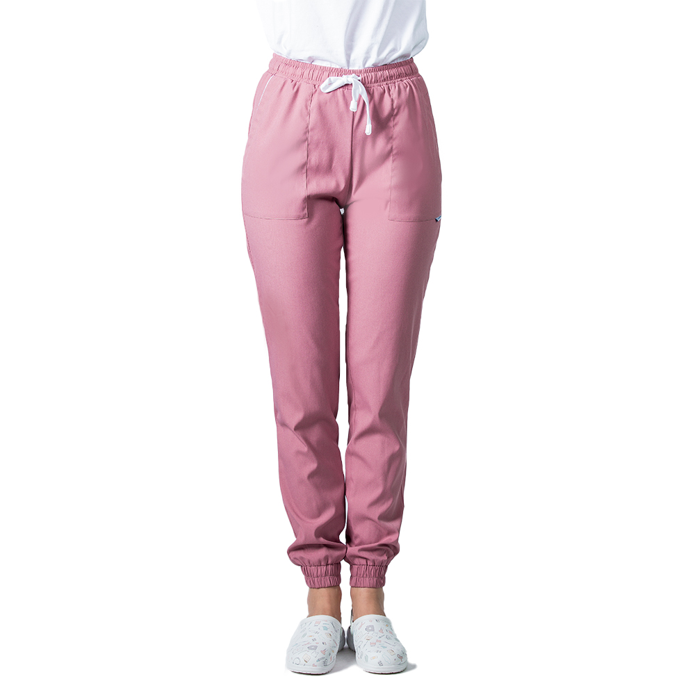 Pantaloni medicali stretch tip jogger roz pudrat cu snur si elastic in talie si la glezna