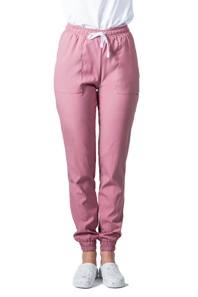 Pantaloni medicali stretch tip jogger roz pudrat cu snur si elastic in talie si la glezna..