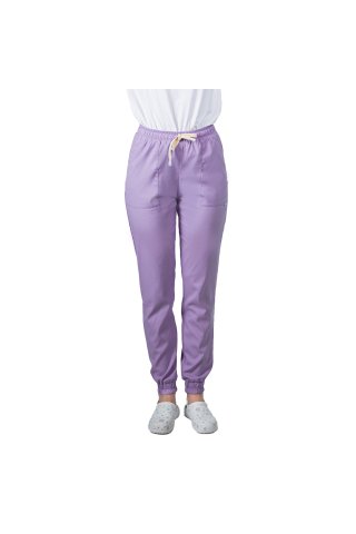 Pantaloni medicali stretch tip jogger lila cu snur si elastic in talie si la glezna
