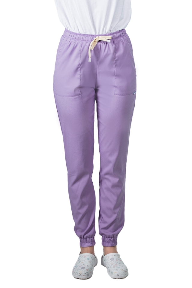 Pantaloni medicali stretch tip jogger lila cu snur si elastic in talie si la glezna