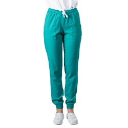 Pantaloni medicali stretch tip jogger verde turcoaz cu snur si elastic in talie si la glezna